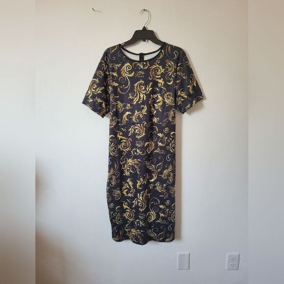 Formal Elegant Midi Dress Church Gold Black Half Sleeve Waist Tie Modest 2XL - Picture 5 of 10